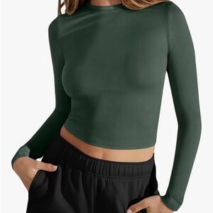 LASLULU Long Sleeve Athletic Basic Sporty Activewear Crop Top in Grey Green - M